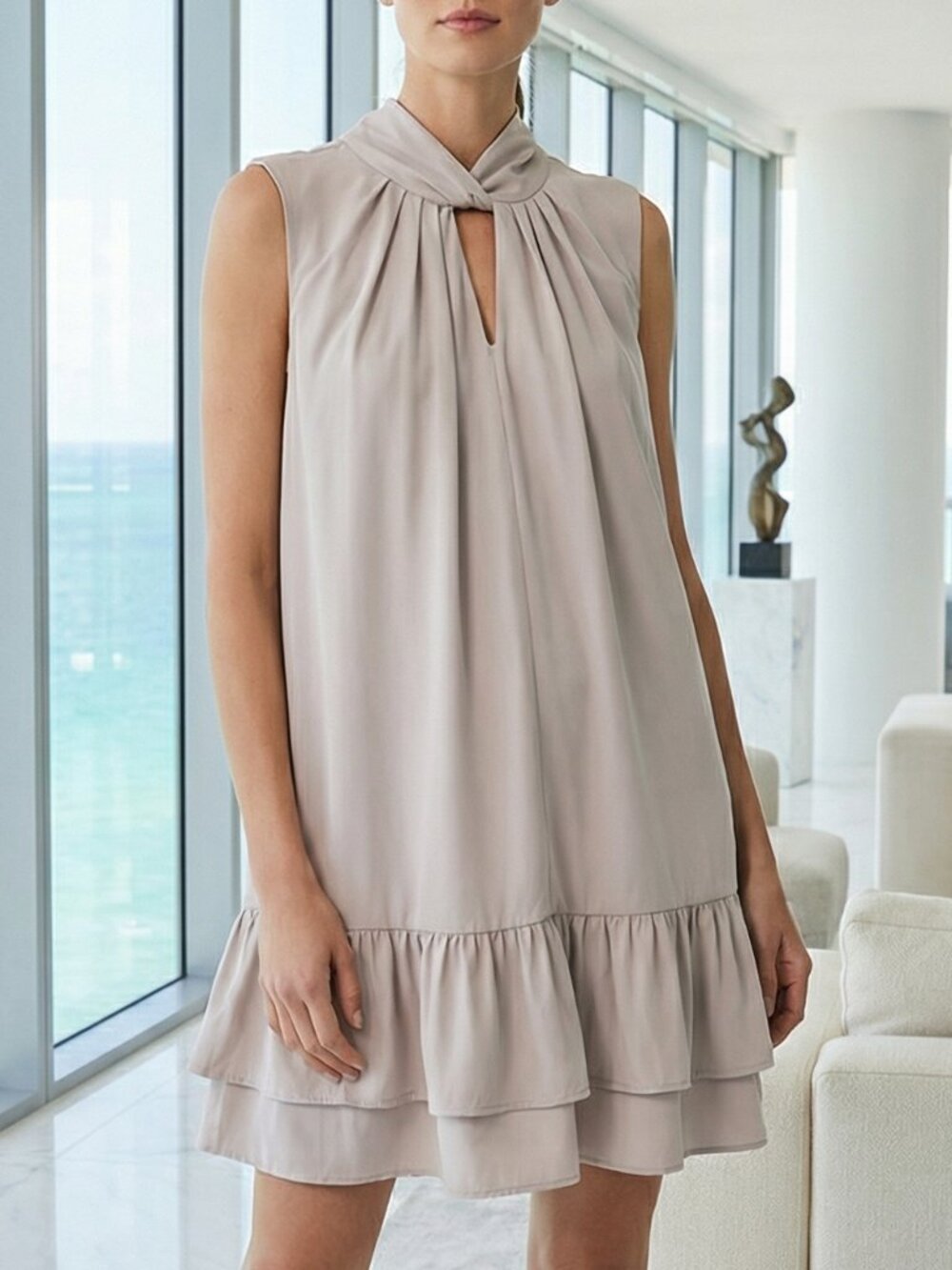 NEW! Pinch Sleeveless mini dress tiered ruffle hem in Soft taupe L